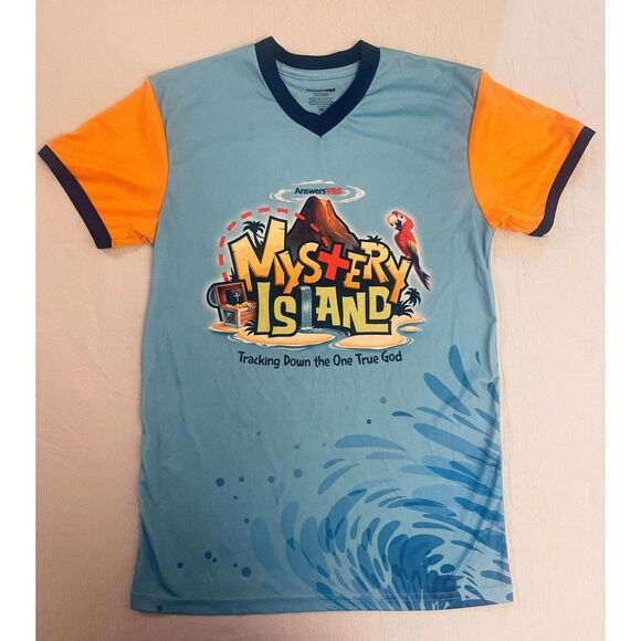 Mystery Island Answer VBS Tracking Down Athletic V-Neck T-Shirt Unisex Size SM - Picture 1 of 5